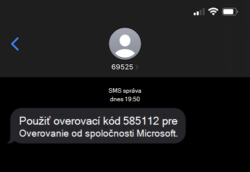 Snímka obrazovky zobrazujúca SMS textovú správu od spoločnosti Microsoft s číslom 69525