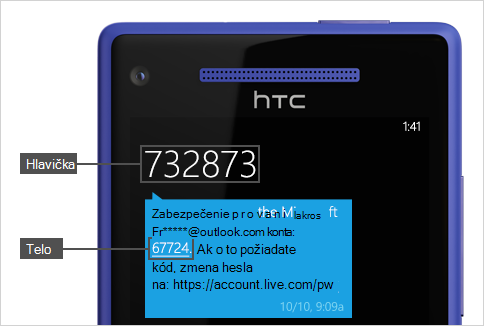 Textová správa s kódom.