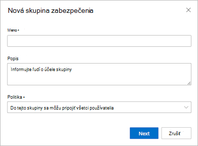 Vytvorenie skupiny zabezpečenia