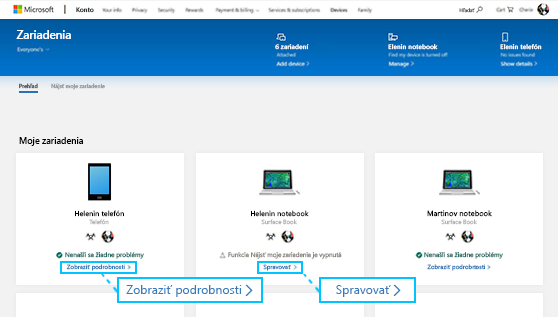 Snímka obrazovky stránky Zariadenia so zvýraznenými prepojeniami Zobraziť podrobnosti a Spravovať