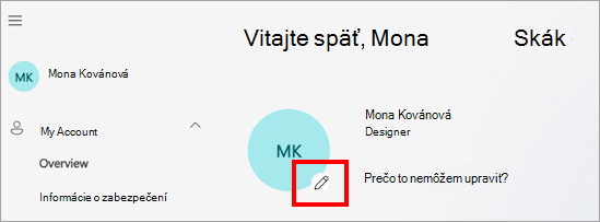 Snímka obrazovky portálu Moje konto zobrazujúca profilovú fotografiu používateľa, meno a rôzne možnosti nastavenia konta, napríklad jazyk, časové pásmo a nastavenia ochrany osobných údajov. Nad profilovou fotografiou je viditeľná ikona úprav, ktorá označuje, kam môžu používatelia kliknúť a aktualizovať svoju fotografiu.