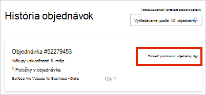 Snímka informácií o objednávke.