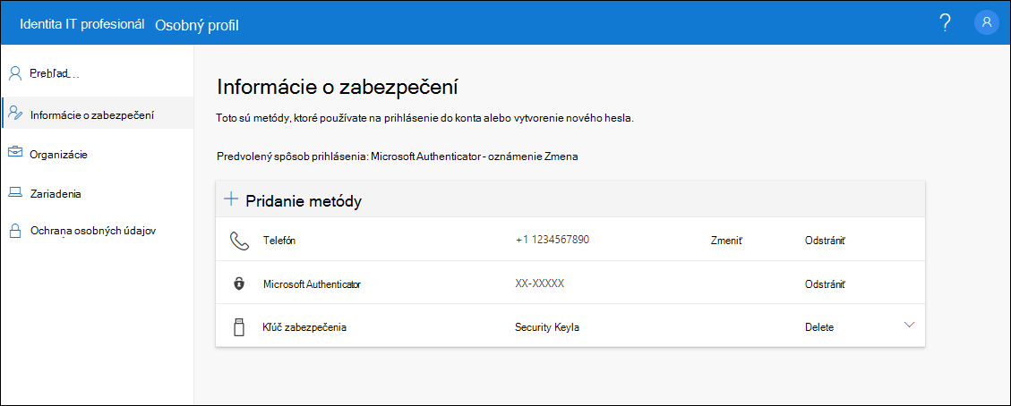 Stránka s informáciami o zabezpečení so zobrazenými všetkými registrovanými metódami