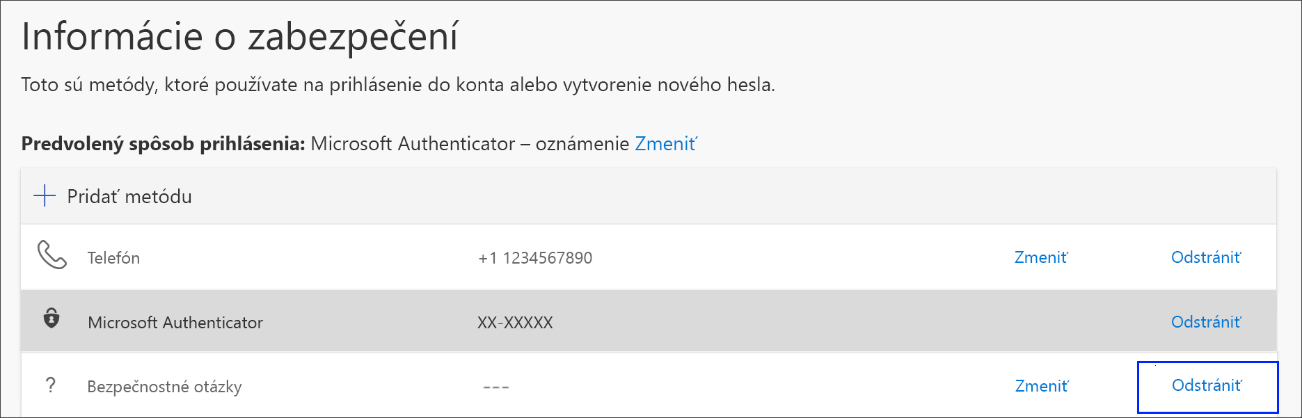 Prepojenie na odstránenie metódy telefónu z bezpečnostných informácií