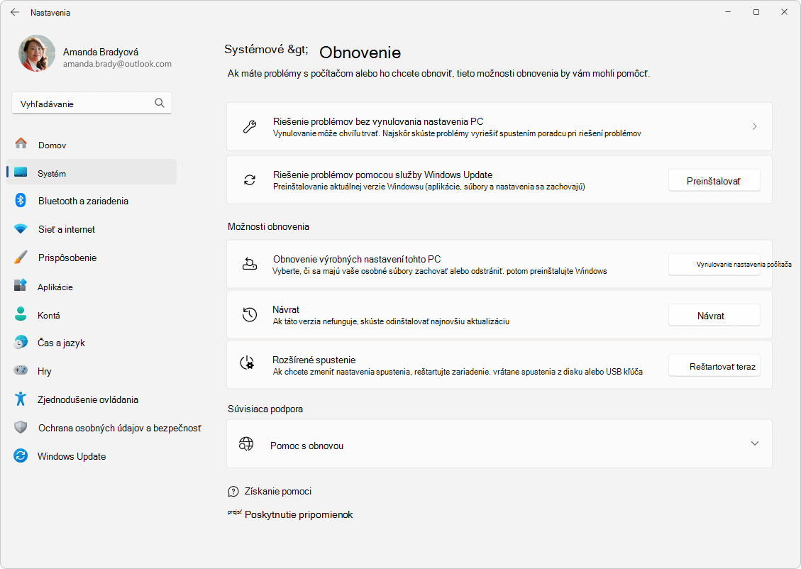 Snímka obrazovky s nastaveniami – Systém – Obnovenie.
