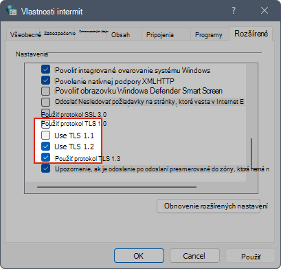 Snímka obrazovky zobrazujúca nastavenia TLS v internetových vlastnostiach