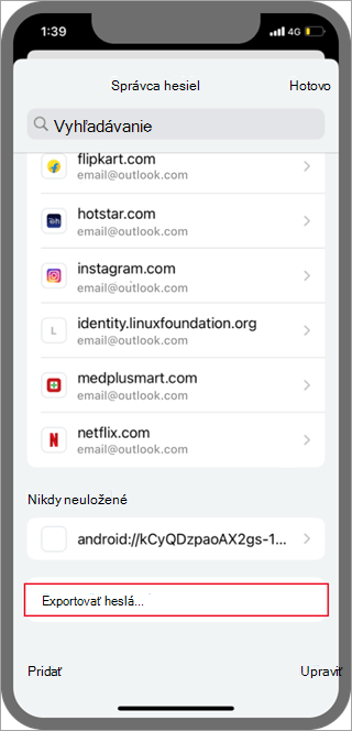 Umiestnenie hesiel na export hesiel v Prehliadači Android Chrome