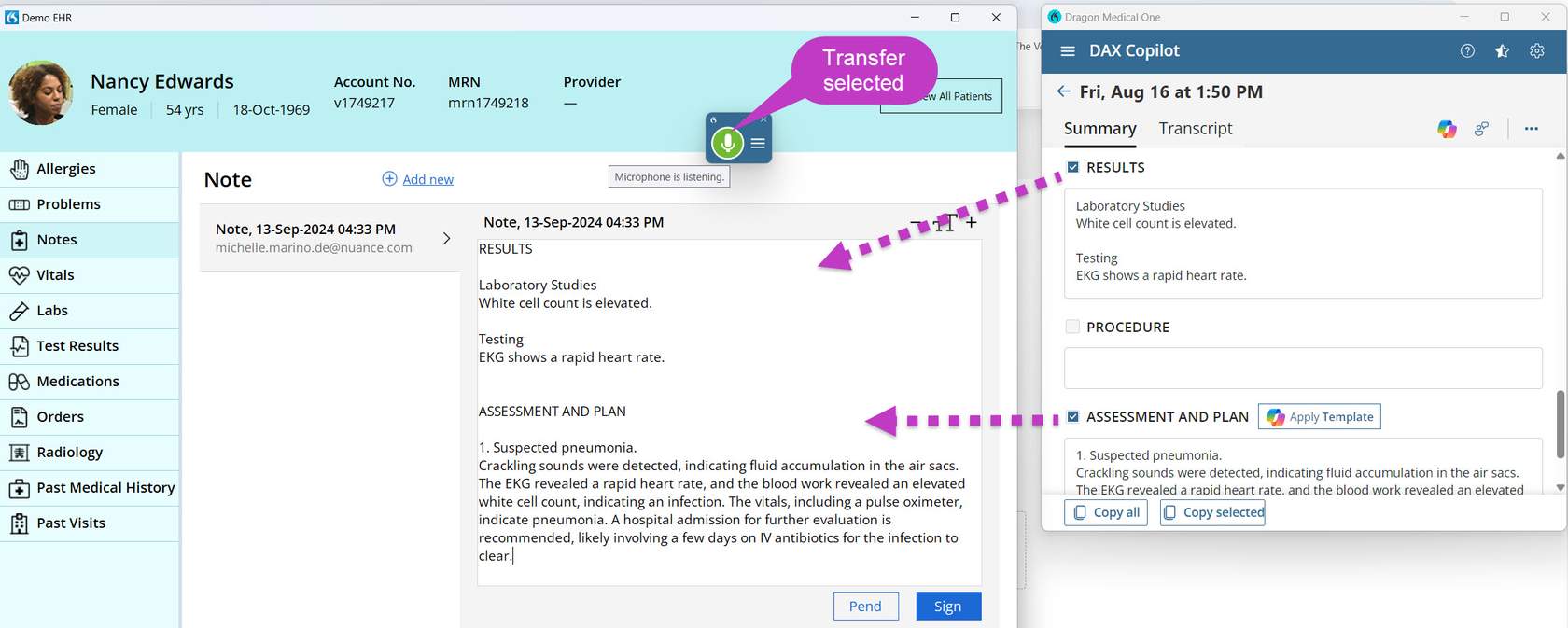 Image shows arrows pointing to selected sections with voice command in checkbox