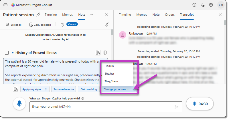 The Change pronouns to menu button and available options.
