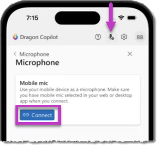 The Connect button on the Microphone screen in the Dragon Copilot mobile app.