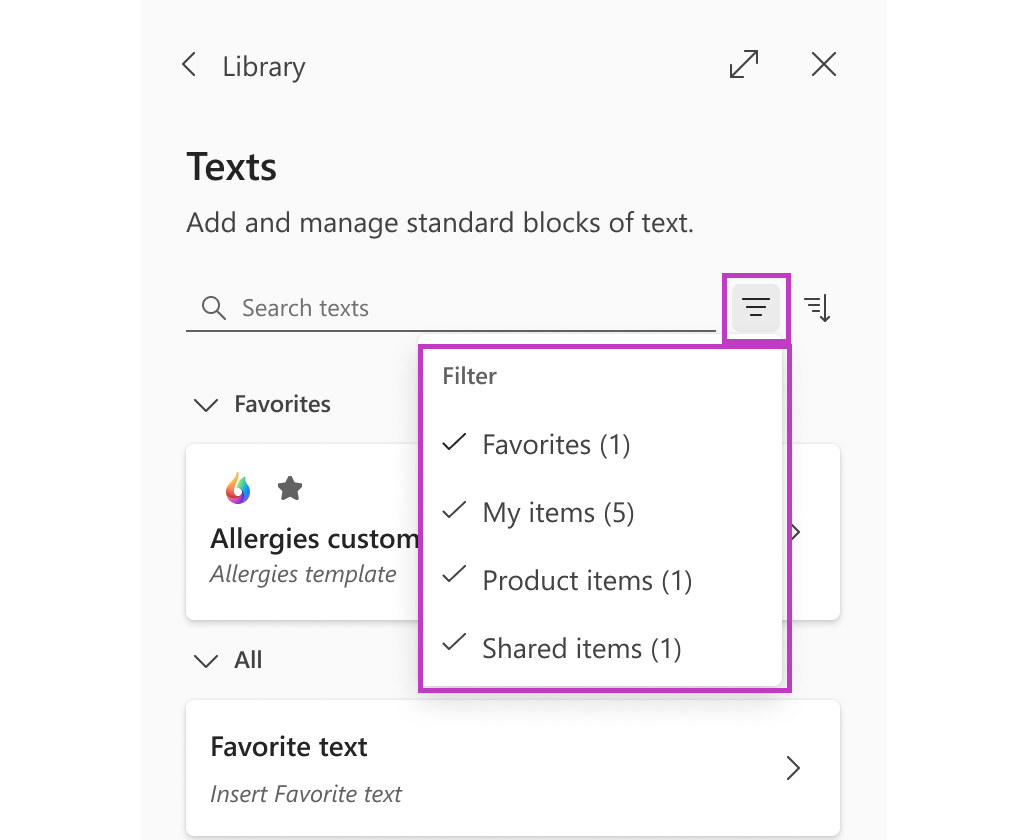 Filter icon selected with all groups in dropdown list checked: Favorites, My items, Product items, and Shared items
