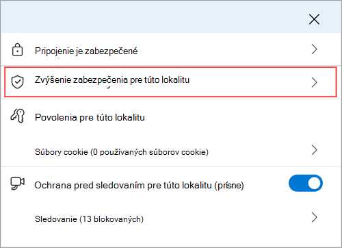 Ponuka s informáciami o lokalite Microsoft Edge zobrazujúca funkciu Zvýšiť zabezpečenie pre túto funkciu lokality.