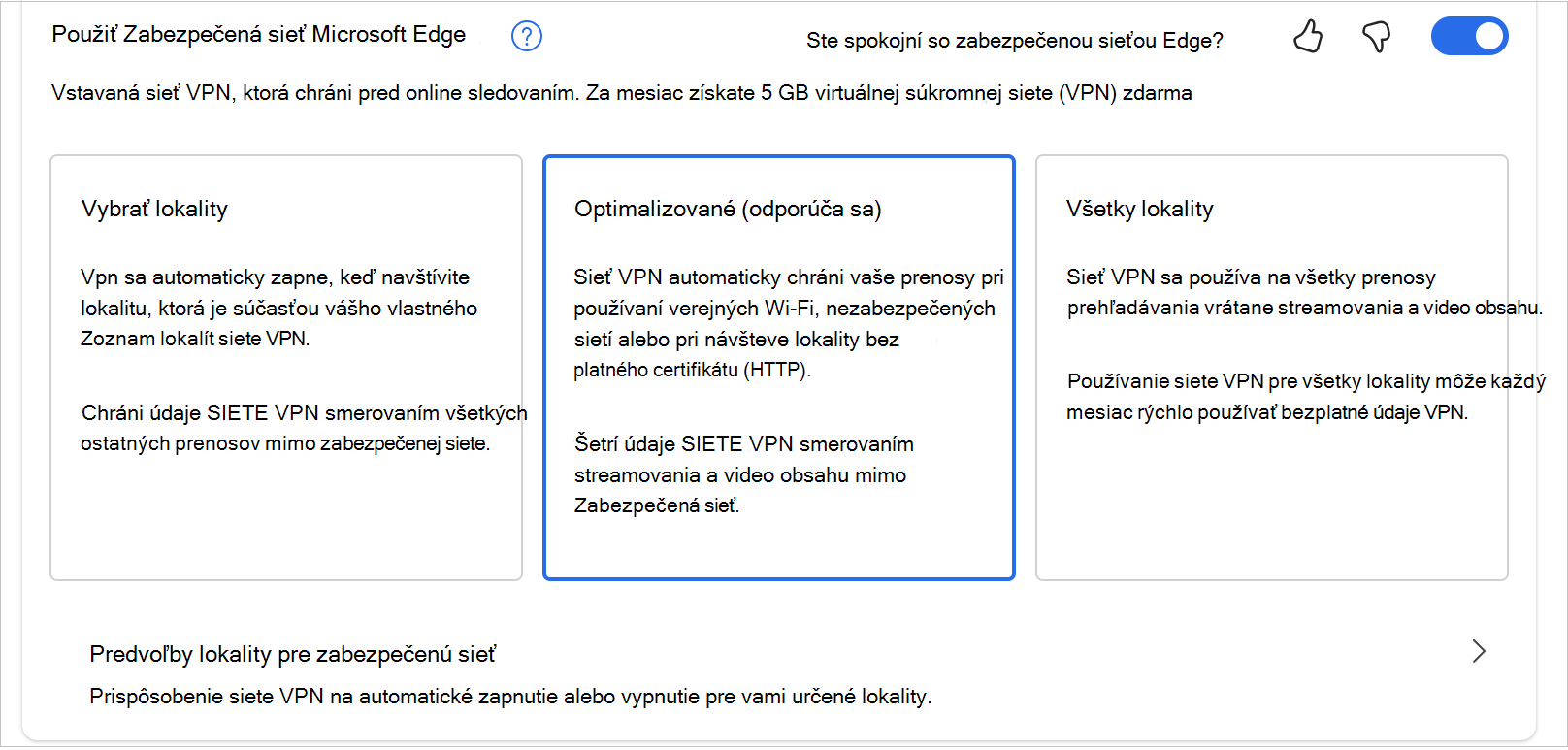 Snímka obrazovky s možnosťami v službe MicrosoftEdgeSecureNetwrok