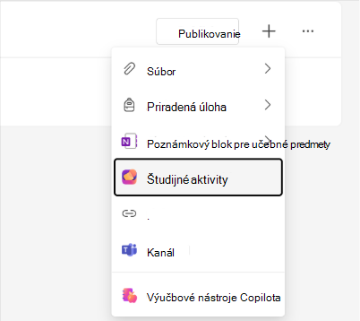 Snímka obrazovky s možnosťou Študijné aktivity v ponuke modulu Classwork.