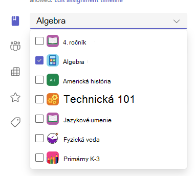 Snímka obrazovky s možnosťami priradenia.