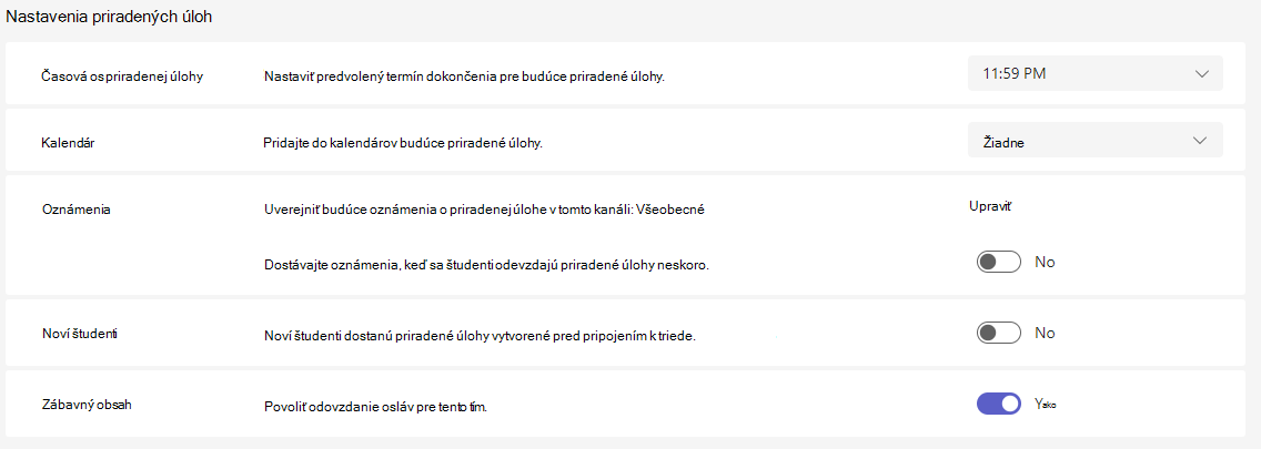 Snímka obrazovky s nastaveniami priradenej úlohy.