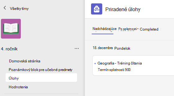 Snímka obrazovky zobrazujúca priradené úlohy