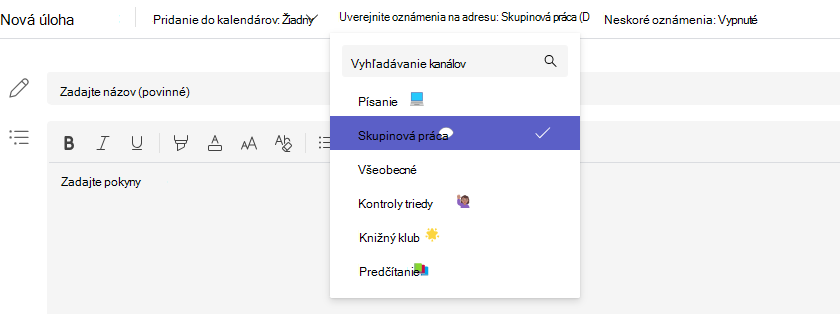 Snímka obrazovky s výberom kanála.
