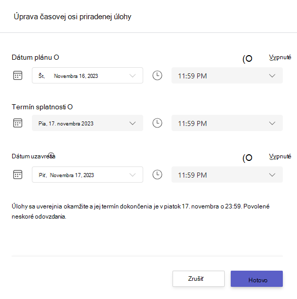 Snímka obrazovky znázorňujúca časovú os úprav priradenej úlohy