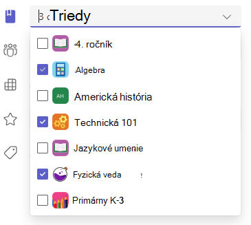 Snímka obrazovky s možnosťami viacerých tried.