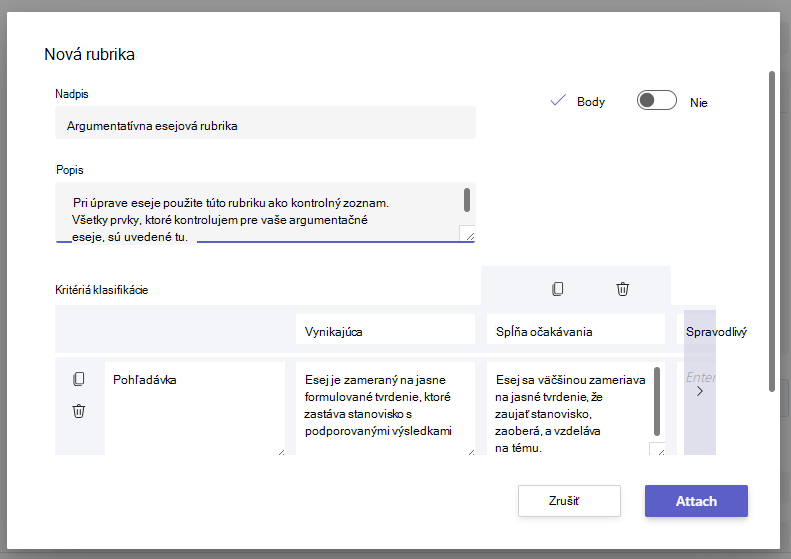 nová skupina hodnotiacich kritérií