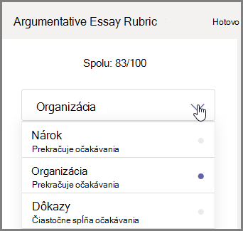 Vyberte sekciu študentskej priradenej úlohy, ktorú chcete klasifikovať
