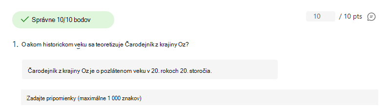 Snímka obrazovky so správne zodpovedanou otázkou.