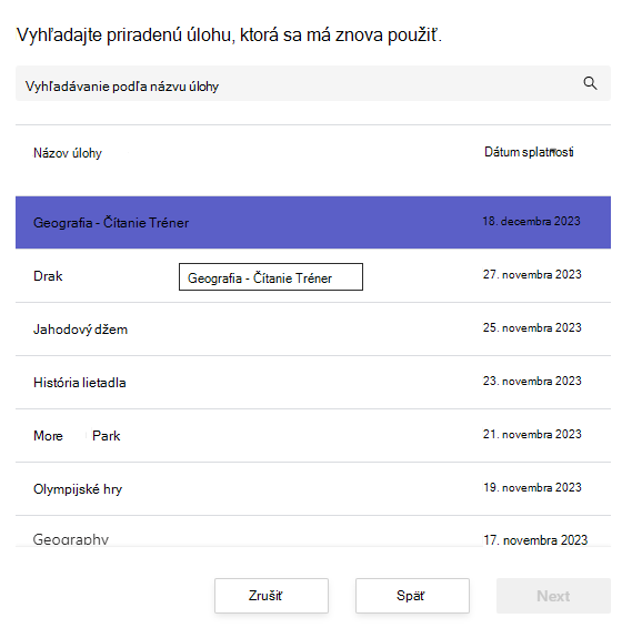 Snímka obrazovky hľadania úlohy na opätovné použitie.