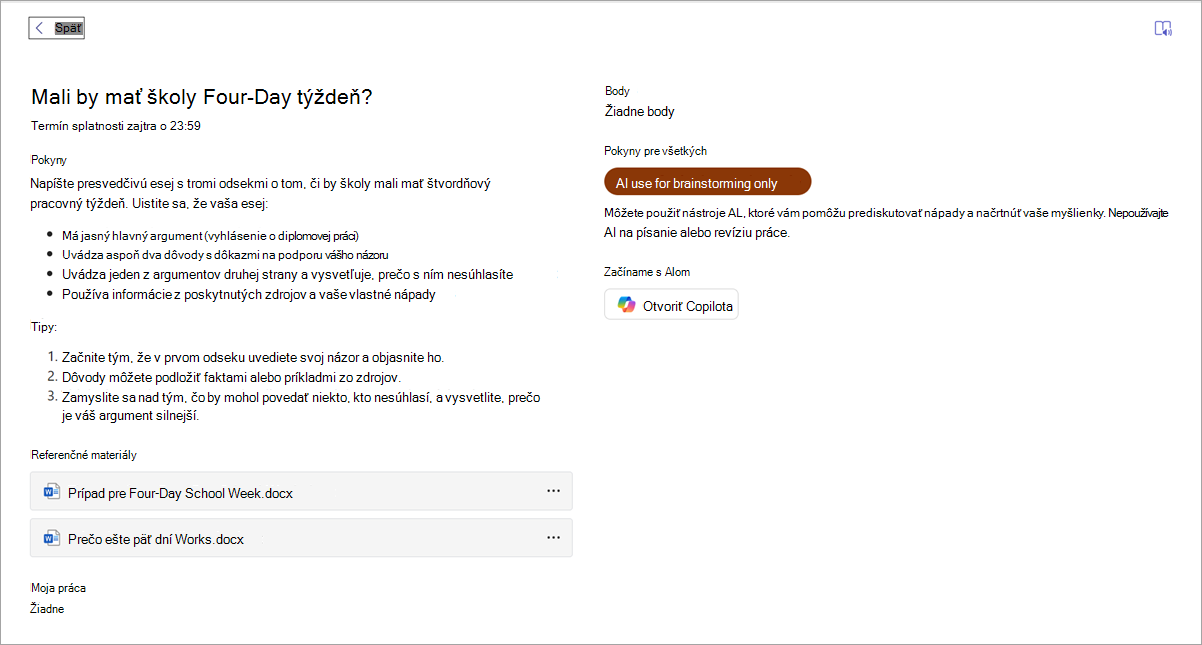 Snímka obrazovky s textom, ktorý sa zobrazuje študentovi.