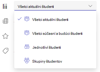 Snímka obrazovky s možnosťami študentov a skupín.