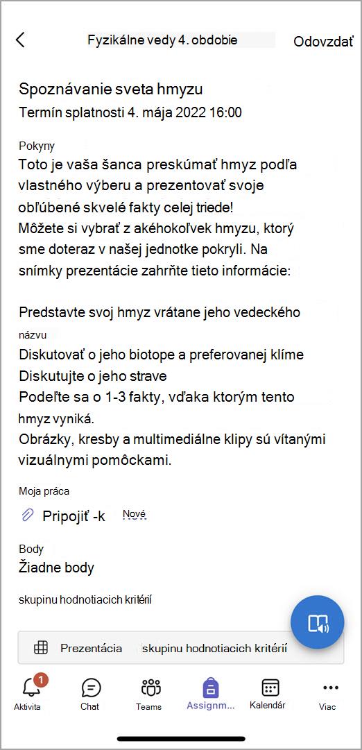 Snímka obrazovky s informáciami študentov, ktorí odovzdajú priradenú úlohu v mobilnej aplikácii Teams.
