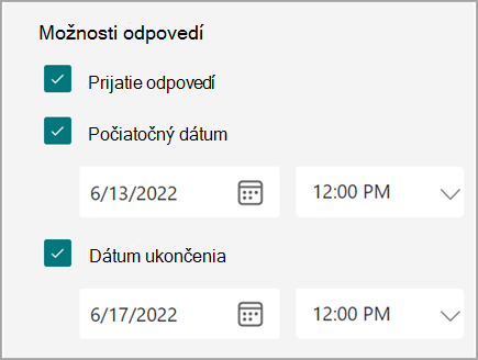 Snímka obrazovky s nastaveniami formulára/kvízu, kde môžu používatelia nastaviť dátum začatia a ukončenia odpovedí.