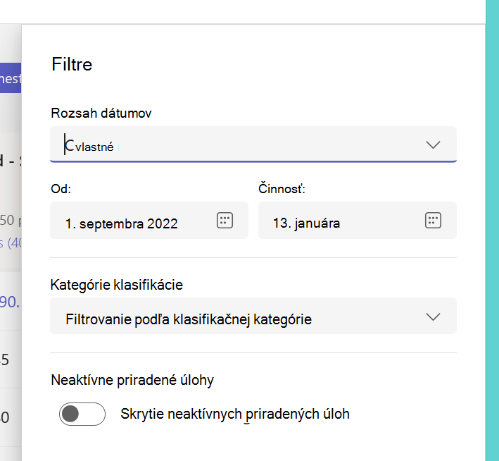 Snímka obrazovky s filtrami.