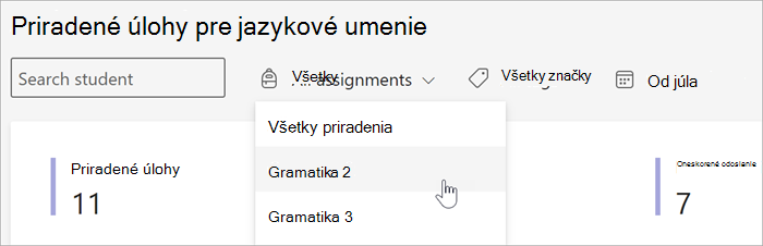 snímka obrazovky s dostupnými filtrami v zobrazeniach Priradené úlohy a hodnotenie v časti Insights. Môžete vyhľadávať podľa študenta, podľa priradenej úlohy, značky alebo podľa dátumu.