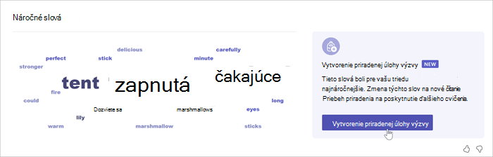 Snímka obrazovky zobrazujúca oblak slov zobrazuje, ktoré slová študenti najčastejšie prečítali nesprávne. Čím je slovo väčšie, tým častejšie v ňom študenti robili chyby. Myš ukazuje na nápadné slovo a v kontextovom okne sa zobrazuje, že slovo bolo chybné 52-krát.