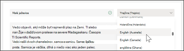 snímka obrazovky s rozbaľovacím zoznamom na výber jazyka