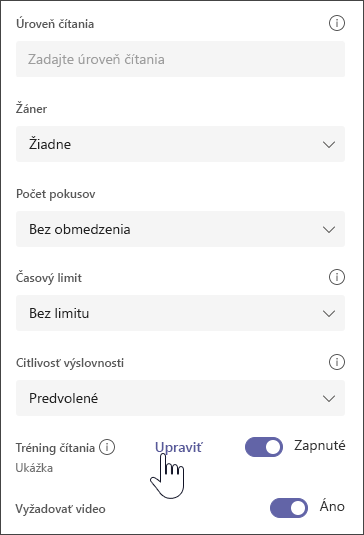 snímka obrazovky vybratej pasáže s ďalšími možnosťami na úpravu priradenej úlohy