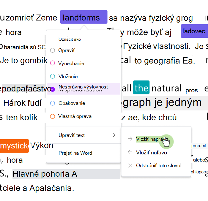 Snímka obrazovky s tablou revízie v nástroji Pokrok v čítaní zobrazujúca, ako vložiť slová napravo alebo naľavo od vybratého slova