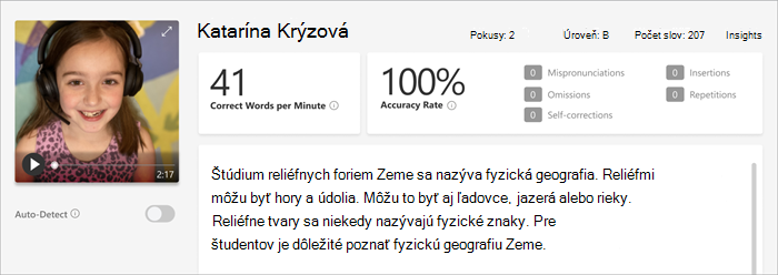 Snímka obrazovky s tablou revízie v nástroji Pokrok v čítaní,snímka