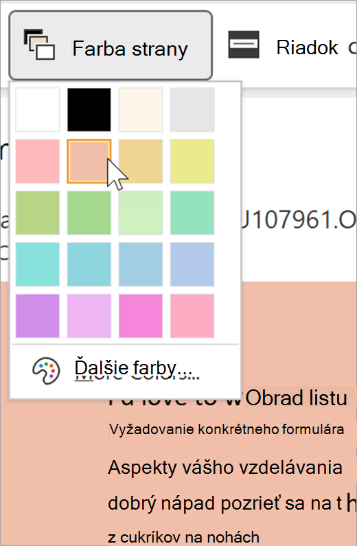 snímka obrazovky s rozbaľovacou ponukou farby strany pre imerznú čítačku. Zobrazuje sa paleta farieb a pozadie viditeľné za rozbaľovacím zoznamom je pastelovo oranžové