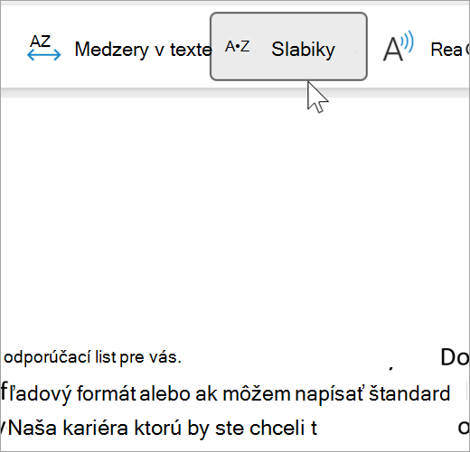 Snímka obrazovky s vybratou funkciou slabikovania imerznej čítačky a zobrazením niekoľkých slov rozdelených na slabiky v e-maile. slovo odporúčanie sa zobrazuje ako bodka od bodka po bodka men bodka da bodka nie