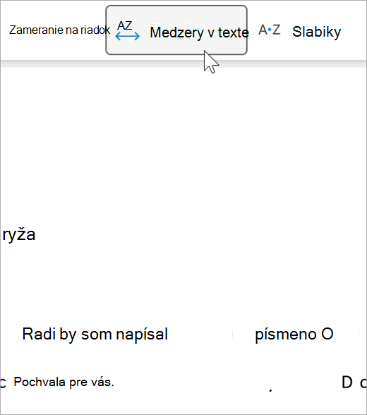 Snímka obrazovky s možnosťou medzier v texte imerznej čítačky, medzi písmenami a medzi slovami je väčšia vzdialenosť