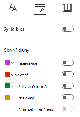 Snímka obrazovky s slovnými druhmi.