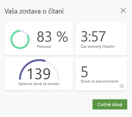 snímka obrazovky s údajmi z relácie tréningu čítania, zobrazuje sa presnosť, čas strávený čítaním, správne slová za minútu a počet slov na precvičovanie.
