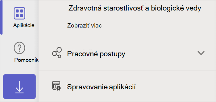 Snímka obrazovky aplikácie Teams zobrazujúca tlačidlo aplikácií, ktoré zobrazuje tlačidlo Spravovať aplikácie.