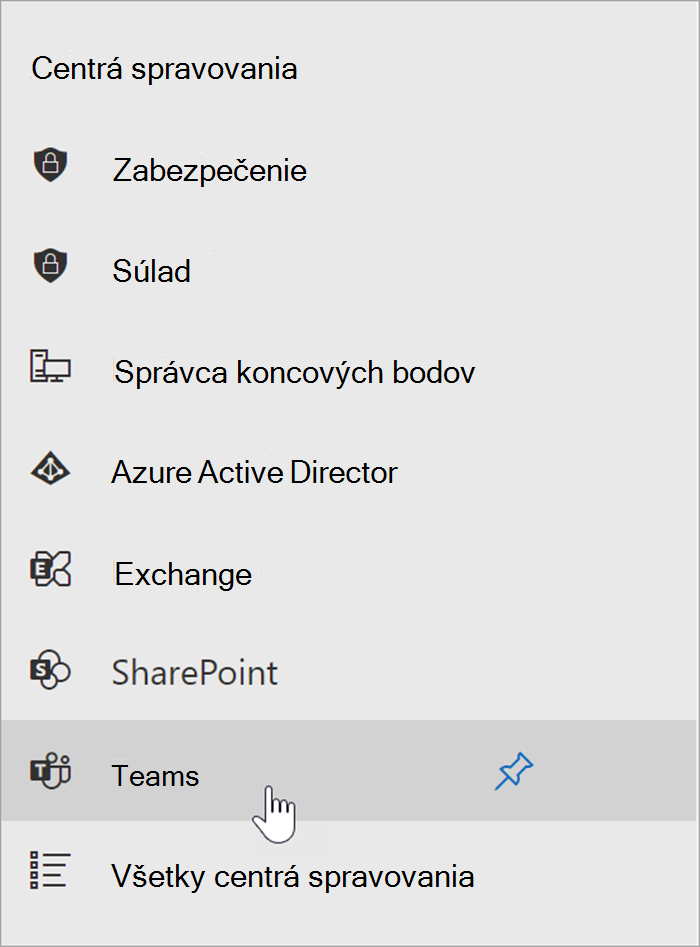 Snímka obrazovky s Centrom spravovania služby Microsoft 365 s kurzorom umiestneným nad vstupným bodom Centra spravovania služby Teams.