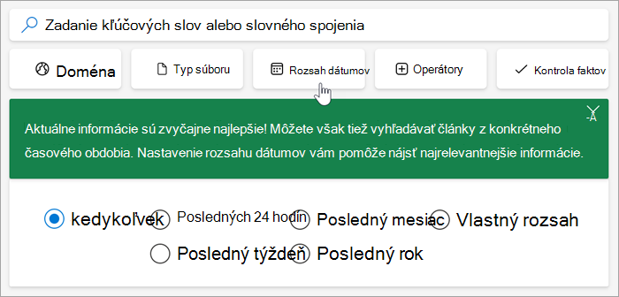 Snímka obrazovky s možnosťami rozsahu dátumov: za posledných 24 hodín, minulý týždeň, minulý mesiac, minulý rok a vlastný rozsah.