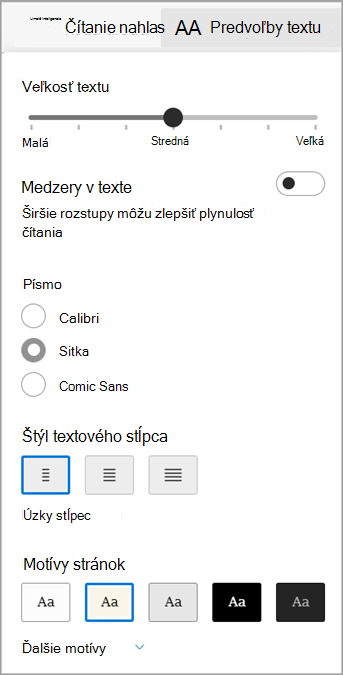 Predvoľby textu v Imerzná čítačka pre Microsoft Edge.
