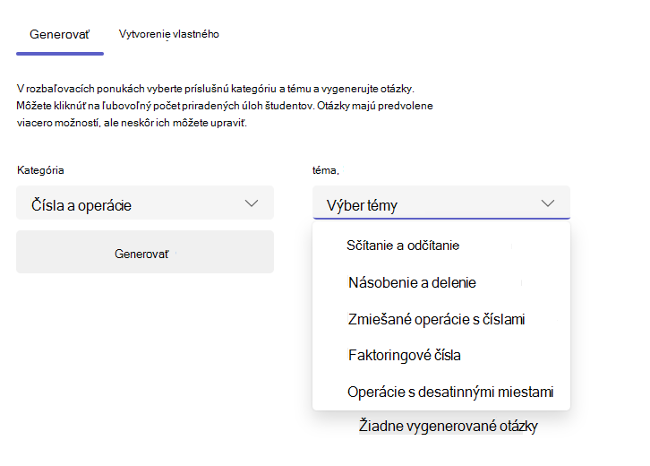 Snímka obrazovky s kartou Generovať.