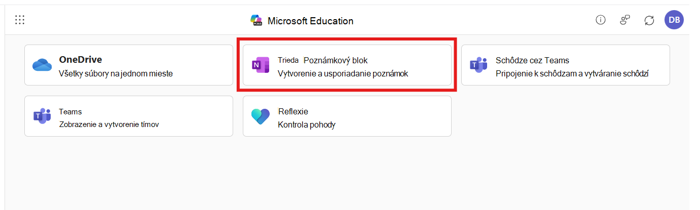 Aplikácia Microsoft 365 LTI s vybratou možnosťou Poznámkový blok pre učebné predmety
